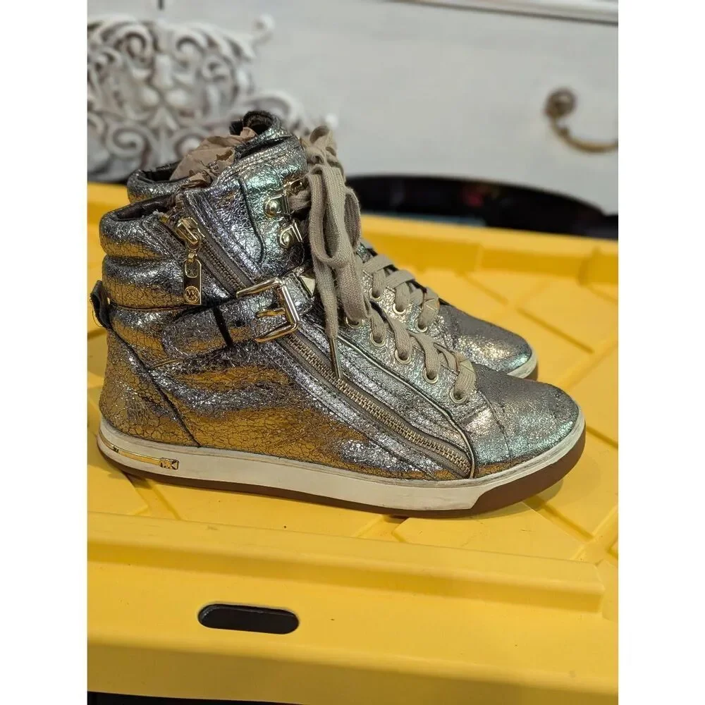 Michael Michael Kors Glam Studded Gold Crackle High-Top Sneakers 9.5 Festival